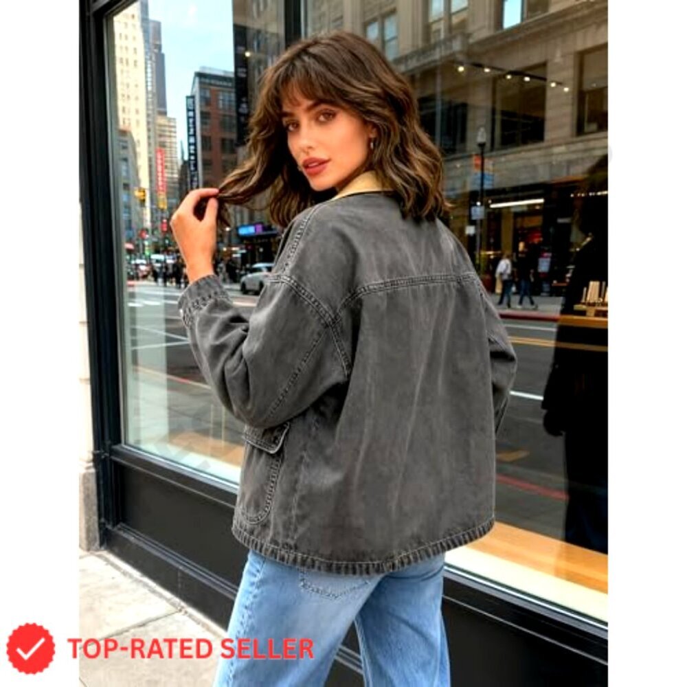 Oversized Denim Barn Jacket Retro Chic Button Down Big Pockets Transitional - Picture 3 of 8